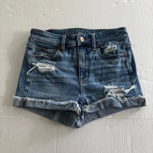 American Eagle Stretch Hi-Rise Shortie Distressed Jean Shorts Women’s Size 2‎